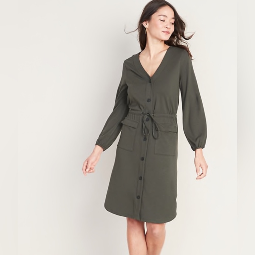 Olive Green Old Navy Waist-Defined Ponte-Knit Utility Dress